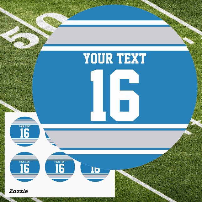 Personalised Blue and Silver Sport Stripes Classic Round Sticker (Custom Text Blue and Silver Jersey Sport Stripes Round Sticker)