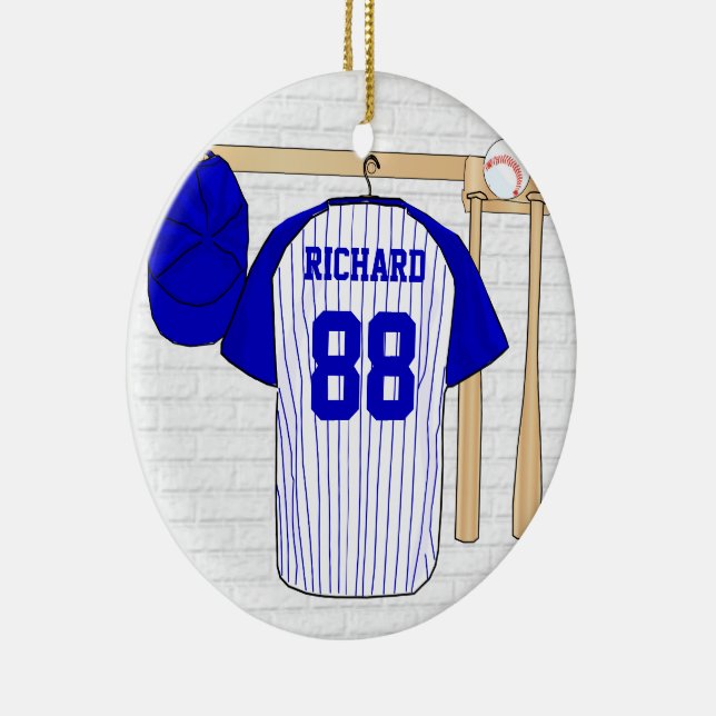 Personalised Blue and White Baseball Jersey Ceramic Tree Decoration (Right)