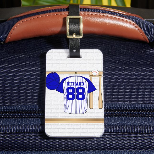 Personalised Blue and White Baseball Jersey Luggage Tag (Front Insitu 2)