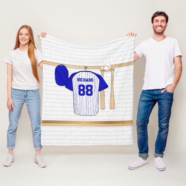 Personalised Blue and White Baseball t-ball Fleece Blanket (In Situ)