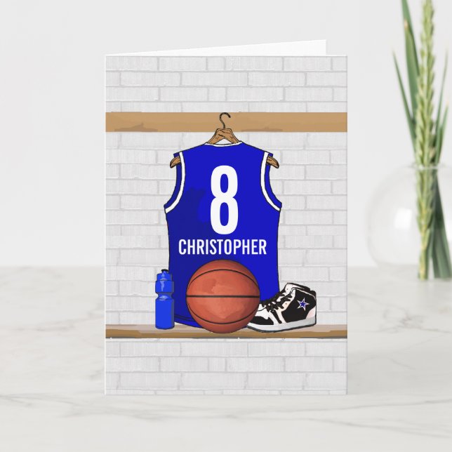 Personalised Blue and White Basketball Jersey Card (Front)