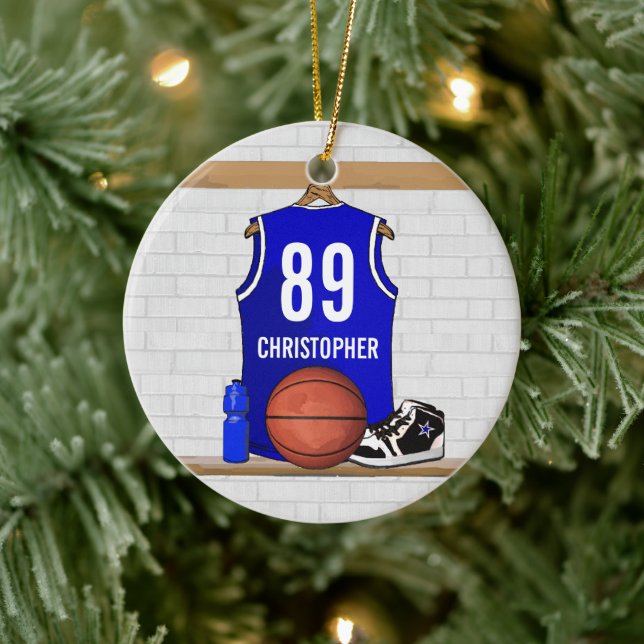 Personalised Blue and White Basketball Jersey Ceramic Tree Decoration (Tree)