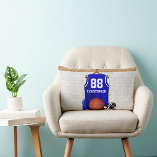Personalised Blue and White Basketball Jersey Lumbar Cushion