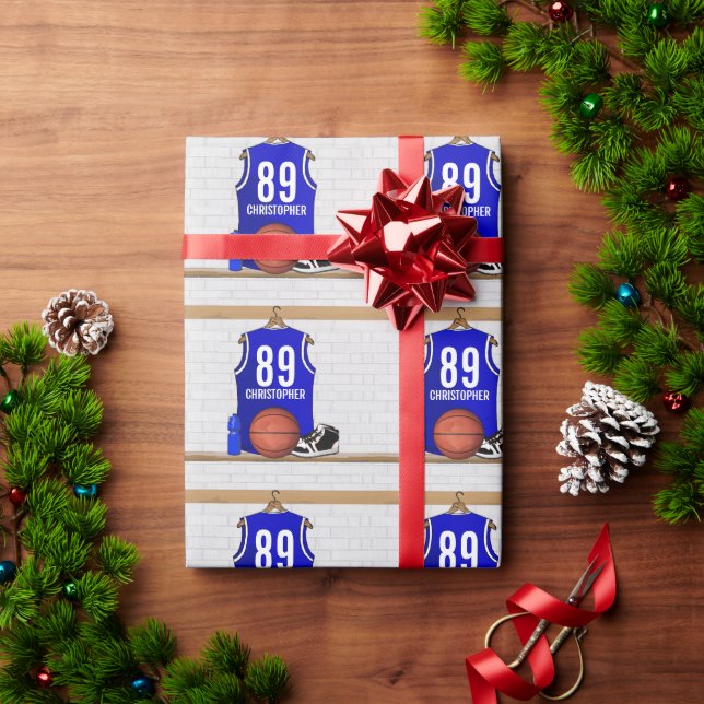 Personalised Blue and White Basketball Jersey Wrapping Paper (Holiday Gift)