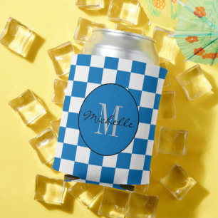 Personalised blue and white Chequerboard Pattern Can Cooler