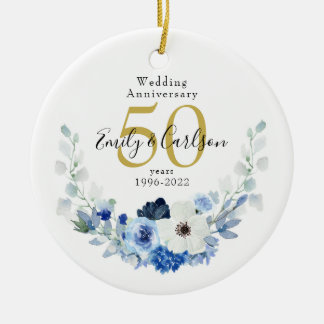 Personalised Blue and White Floral 50 Anniversary Ceramic Tree Decoration