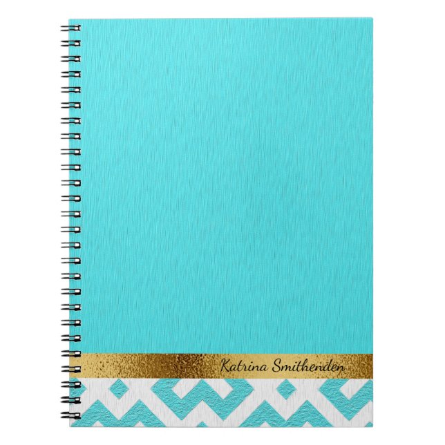 Personalised Blue and White Geometric and Gold Notebook (Front)