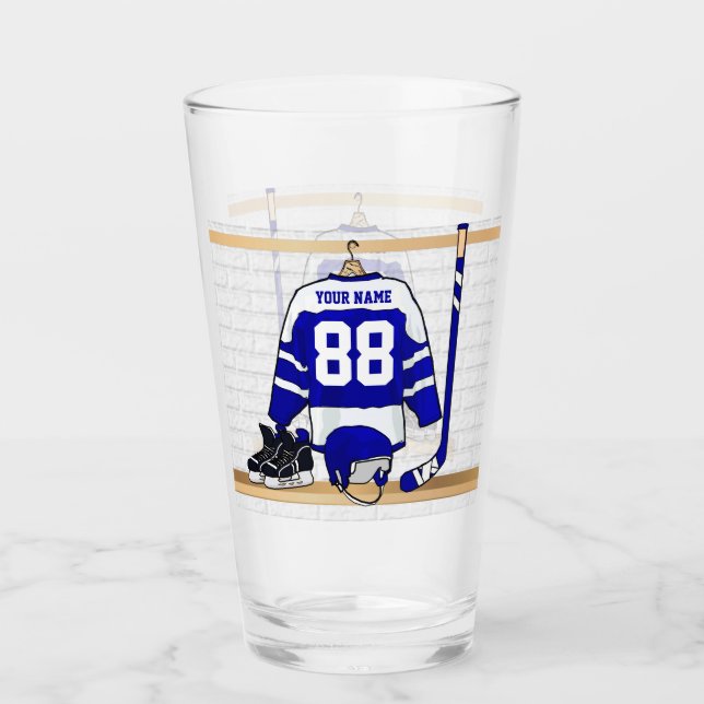 Personalised Blue and White Ice Hockey Glass (Front)