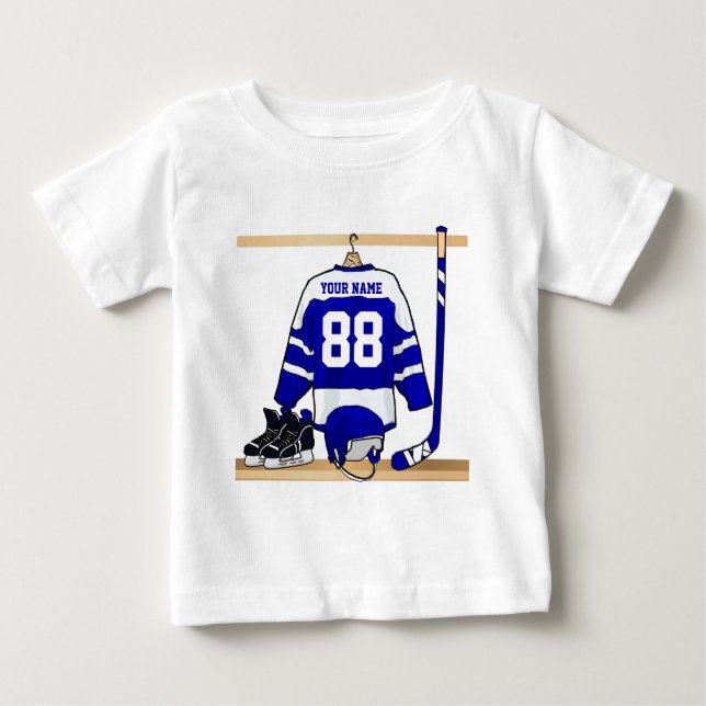 Personalised Blue and White Ice Hockey Jersey Baby T-Shirt (Front)