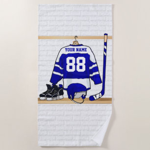 Personalised Blue and White Ice Hockey Jersey Beach Towel