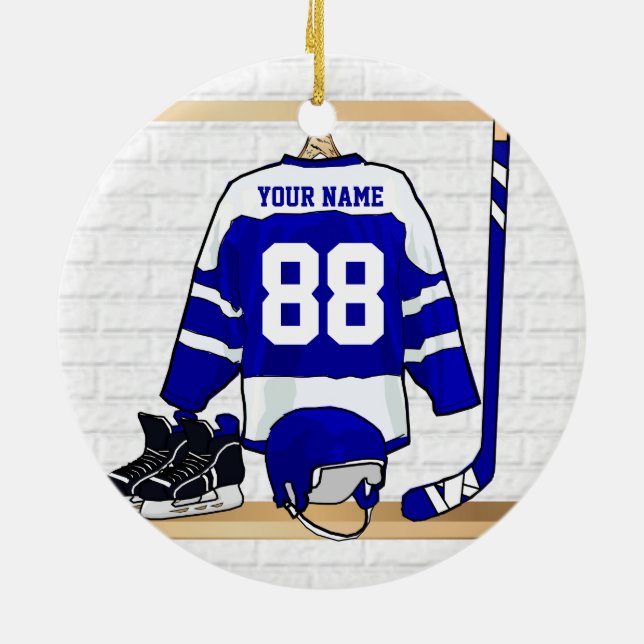 Personalised Blue and White Ice Hockey Jersey Ceramic Tree Decoration (Back)