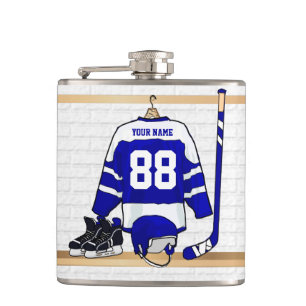 Personalised Blue and White Ice Hockey Jersey Hip Flask
