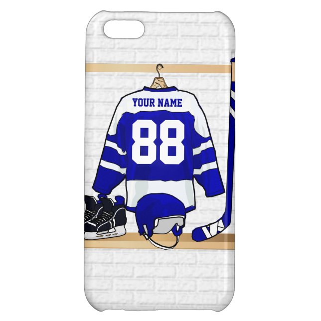 Personalised Blue and White Ice Hockey Jersey iPhone Case (Back)