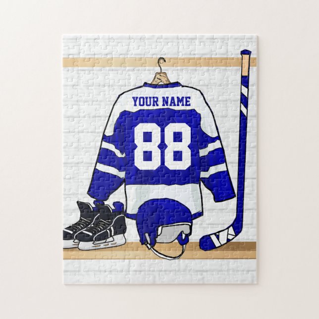 Personalised Blue and White Ice Hockey Jersey Jigsaw Puzzle (Vertical)