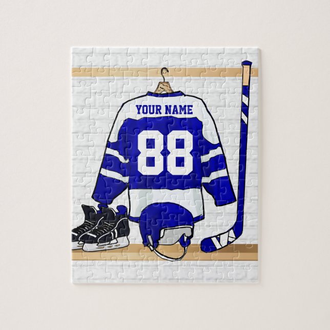 Personalised Blue and White Ice Hockey Jersey Jigsaw Puzzle (Vertical)