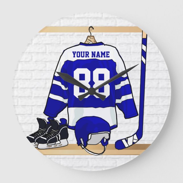 Personalised Blue and White Ice Hockey Jersey Large Clock (Front)
