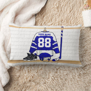 Personalised Blue and White Ice Hockey Jersey Lumbar Cushion
