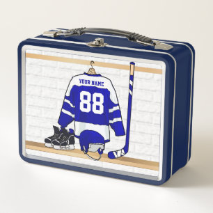 Personalised Blue and White Ice Hockey Jersey Metal Lunch Box