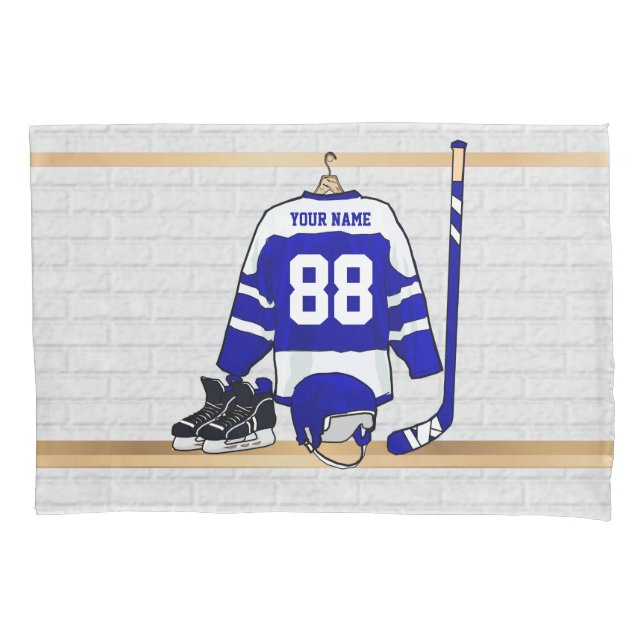 Personalised Blue and White Ice Hockey Jersey Pillowcase (Front)