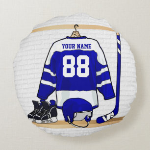 Personalised Blue and White Ice Hockey Jersey Round Cushion