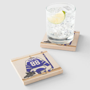 Personalised Blue and White Ice Hockey Jersey Stone Coaster