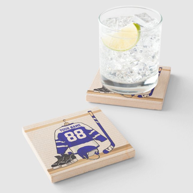 Personalised Blue and White Ice Hockey Jersey Stone Coaster (Side)