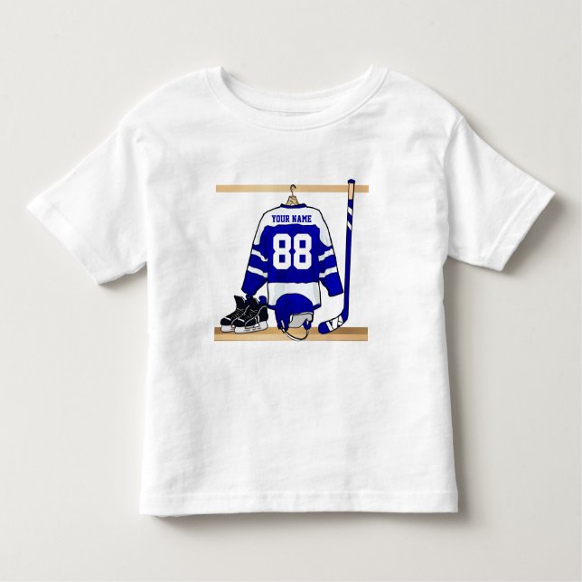 Personalised Blue and White Ice Hockey Jersey Toddler T-Shirt (Front)