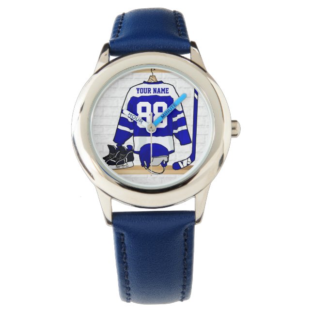 Personalised Blue and White Ice Hockey Jersey Watch (Front)