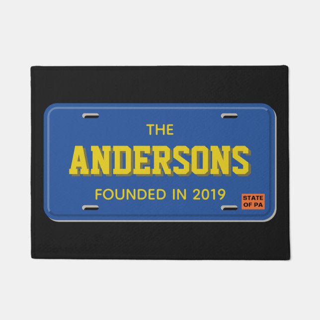 Personalised Blue and White License Plate Welcome Doormat (Front)