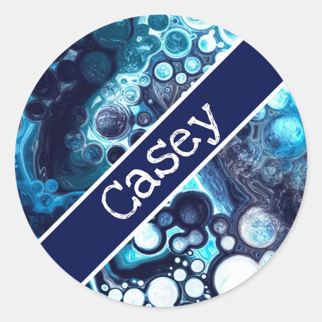 Personalised Blue and White Marble Fluid Art    Classic Round Sticker (Front)