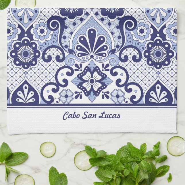 Personalised Blue and White Mexican Talavera Tile  Tea Towel (Folded)