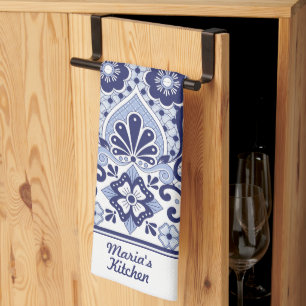 Personalised Blue and White Mexican Talavera Tile Tea Towel