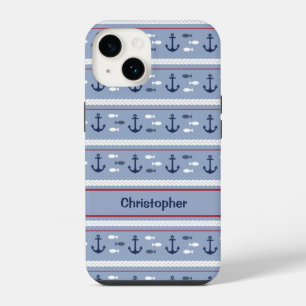 Personalised Blue and White Nautical Anchors iPhone 14 Case