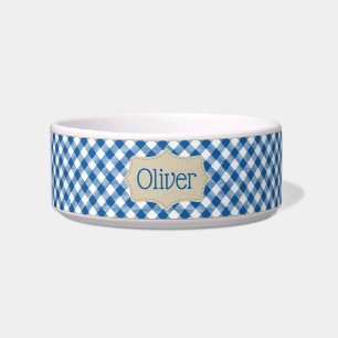 Personalised Blue and White Plaid Pet Bowl