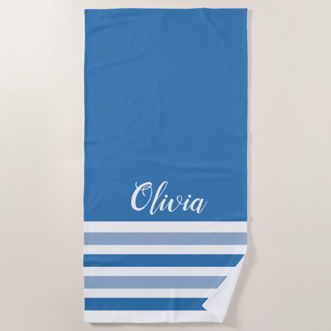 Personalised Blue And White Striped Beach Towel (Front)