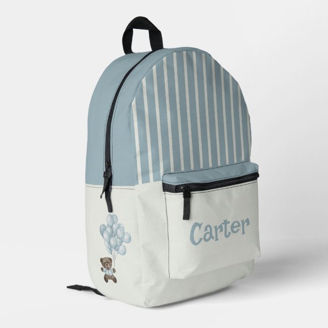 Personalised blue and white striped bear printed backpack (Back Corner Left)