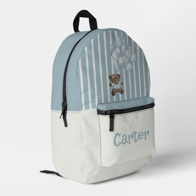 Personalised blue and white striped bear printed backpack (Back Corner Left)