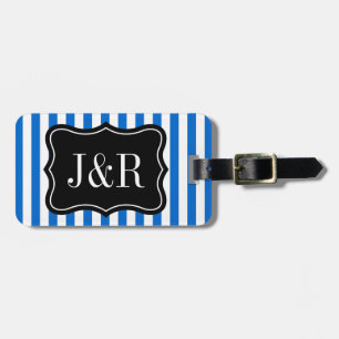 Personalised blue and white striped luggage tag