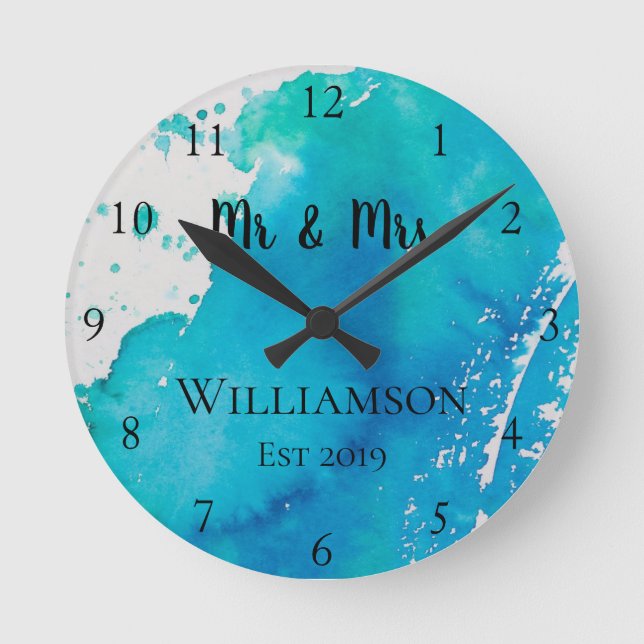 Personalised Blue and White Watercolor Custom Round Clock (Front)