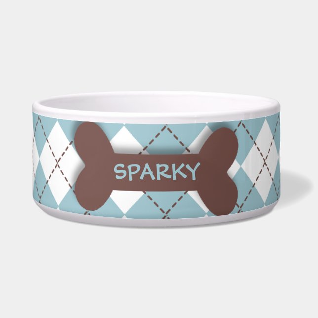 Personalised blue argyle dog bone pet food bowl (Front)