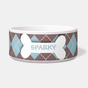 Personalised blue argyle dog bone pet food bowl