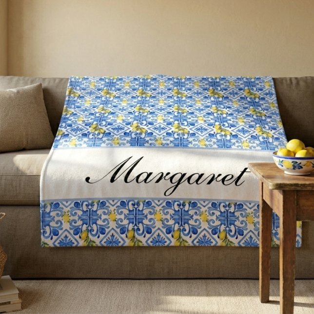Personalised Blue Azulejo Watercolor Monogram Name Fleece Blanket (Creator Uploaded)