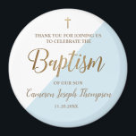 Personalised blue Baby boy baptism thank you  Magnet<br><div class="desc">Modern and elegant with a diagonal blue shape,  this baby baptism round magnet favour is easy to personalise. Featuring a print Gold cross. Give this magnet as souvenir gifts for your child's baptism guests.</div>