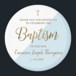 Personalised blue Baby boy baptism thank you  Magnet<br><div class="desc">Modern and elegant with a diagonal blue shape,  this baby baptism round magnet favour is easy to personalise. Featuring a print Gold cross. Give this magnet as souvenir gifts for your child's baptism guests.</div>