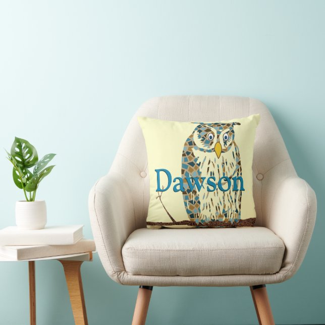 Personalised Blue Baby Boy Vintage Owl Pillow (Chair)