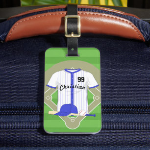 Personalised blue baseball luggage tag