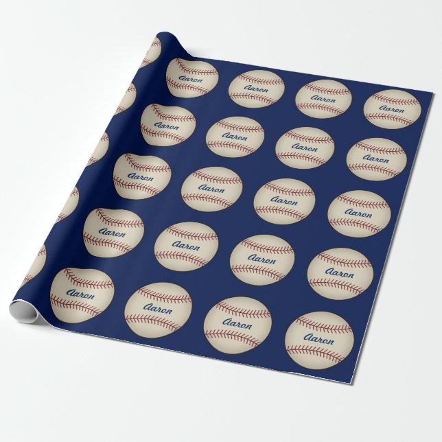 Personalised Blue Baseball Wrapping Paper (Unrolled)
