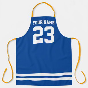 Personalised blue BBQ apron with jersey number
