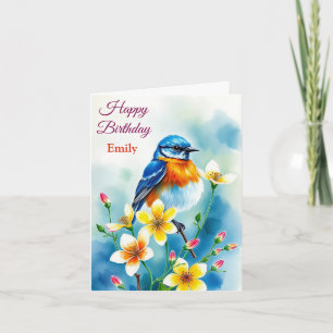 Personalised Blue Bird Flowers Watercolor birthday Card