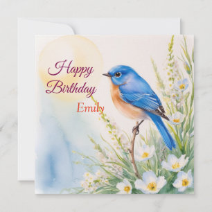Personalised Blue Bird Flowers Watercolor birthday Card